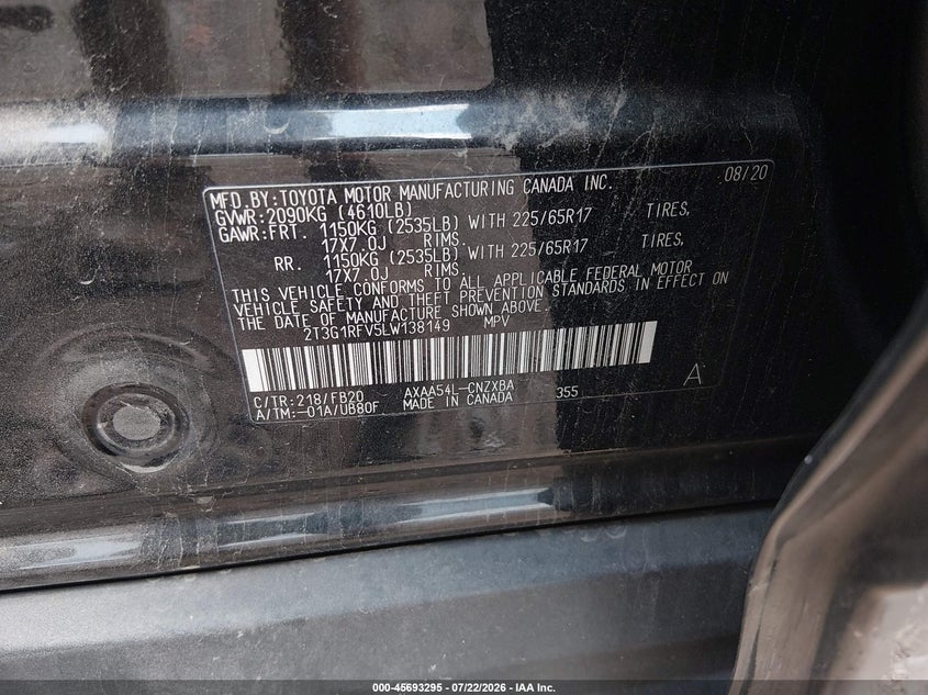 2020 Toyota Rav4 Le VIN: 2T3G1RFV5LW138149 Lot: 45693295