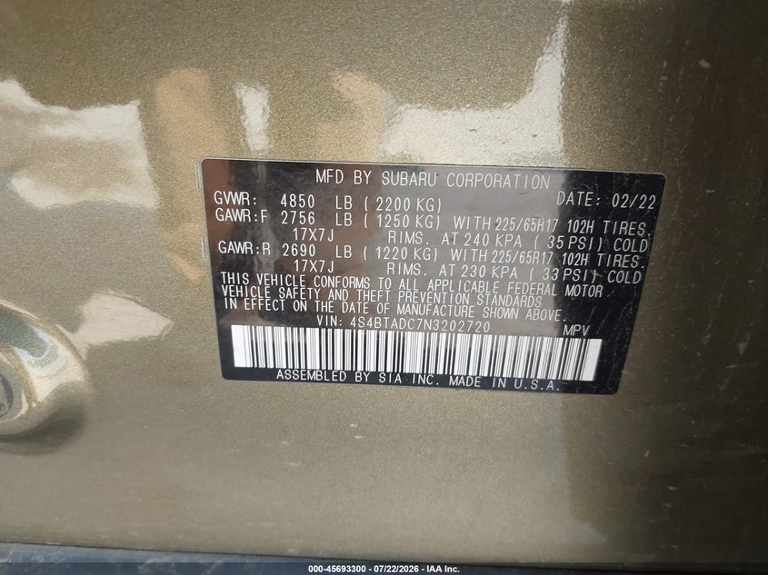 2022 Subaru Outback Premium VIN: 4S4BTADC7N3202720 Lot: 45693300