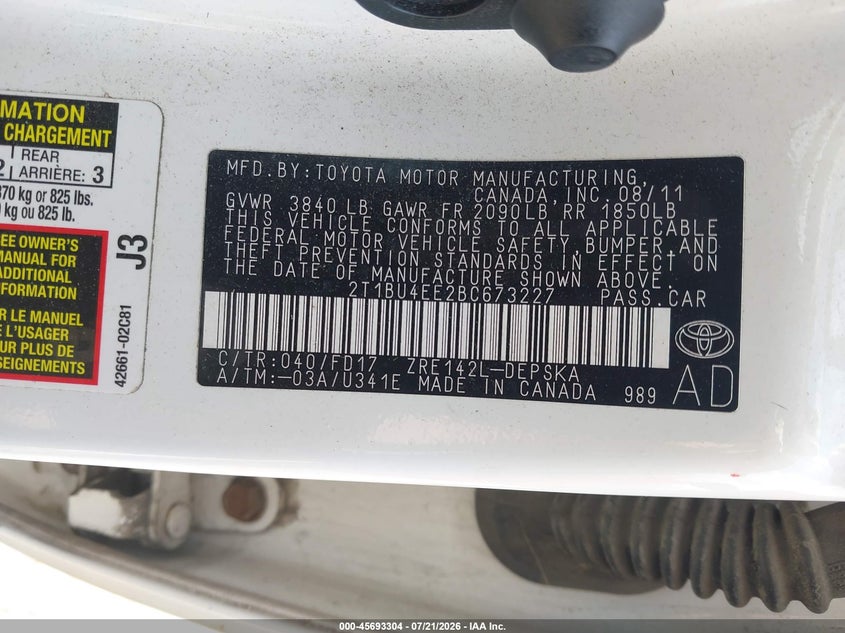 2011 Toyota Corolla S VIN: 2T1BU4EE2BC673227 Lot: 45693304
