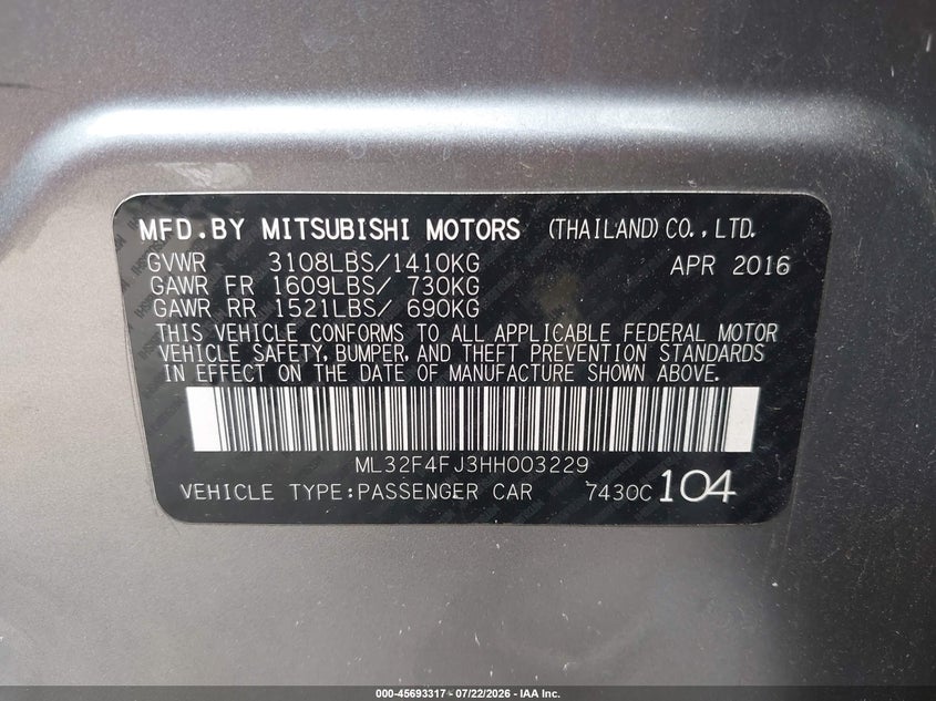 2017 Mitsubishi Mirage G4 Se VIN: ML32F4FJ3HH003229 Lot: 45693317