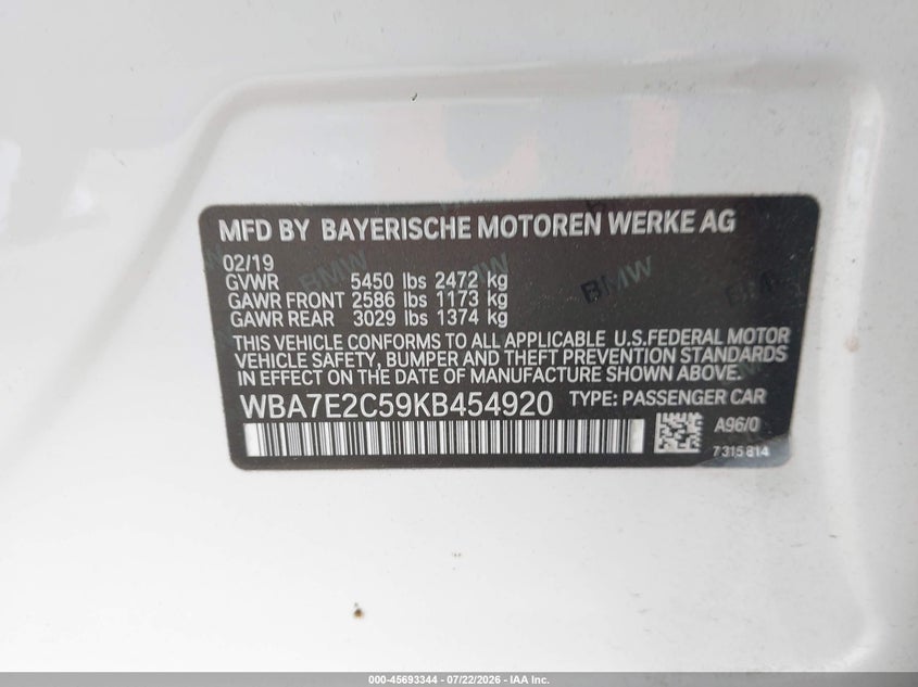 2019 BMW 740I VIN: WBA7E2C59KB454920 Lot: 45693344