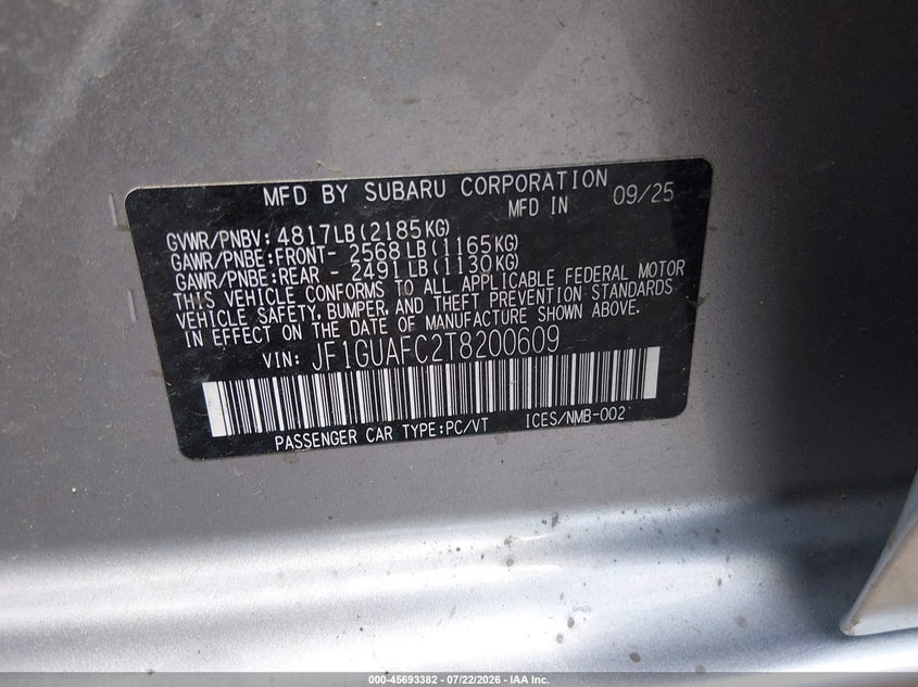 2026 Subaru Impreza Sport VIN: JF1GUAFC2T8200609 Lot: 45693382