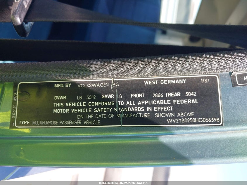 VOLKSWAGEN VANAGON 1987 VIN WV2YB0250HG056398