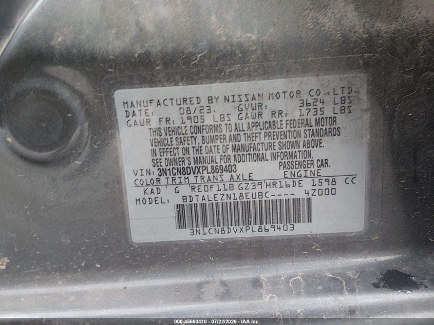2023 Nissan Versa 1.6 S Xtronic Cvt VIN: 3N1CN8DVXPL869403 Lot: 45693410