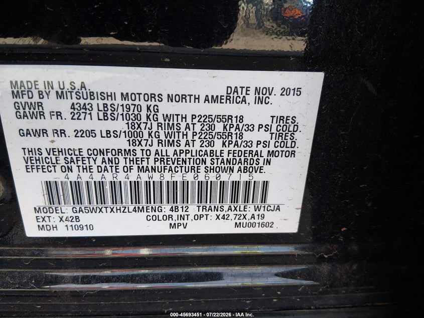 2015 Mitsubishi Outlander Sport Gt VIN: 4A4AR4AW8FE060715 Lot: 45693451