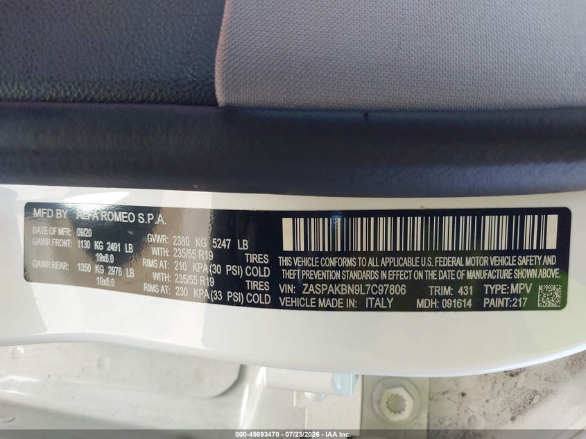 ALFA-ROMEO STELVIO 2020 VIN ZASPAKBN9L7C97806