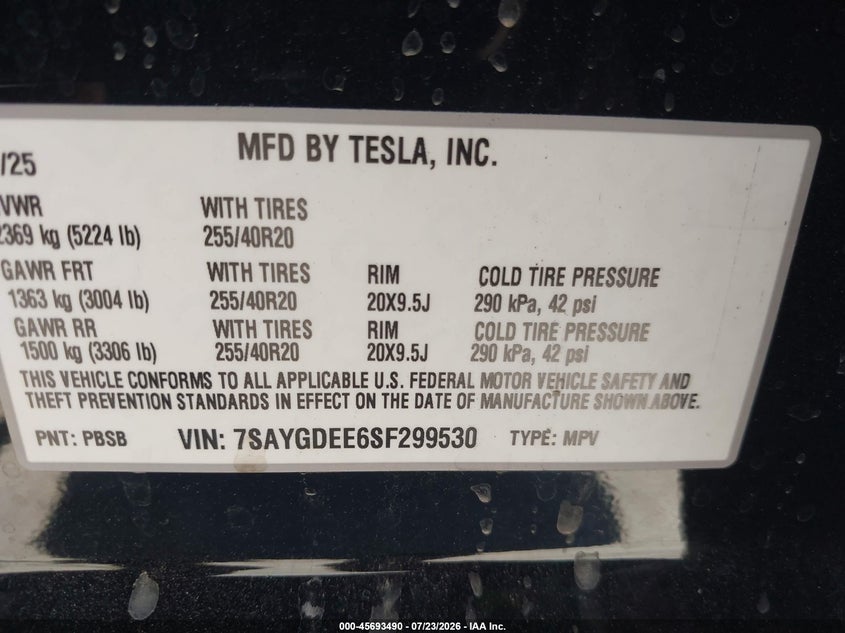 TESLA MODEL Y 2025 VIN 7SAYGDEE6SF299530