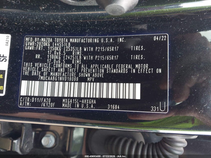 2022 Toyota Corolla Cross Le VIN: 7MUCAABG1NV018088 Lot: 45693499