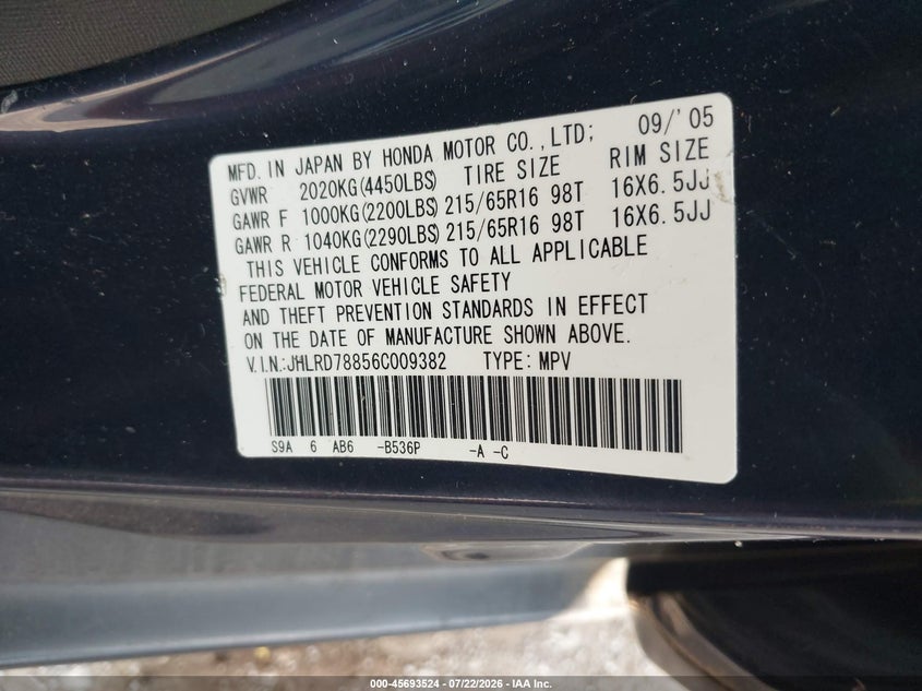 2006 Honda Cr-V Ex VIN: JHLRD78856C009382 Lot: 45693524
