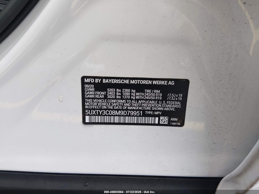 2021 BMW X3 Sdrive30I VIN: 5UXTY3C08M9D79951 Lot: 45693564
