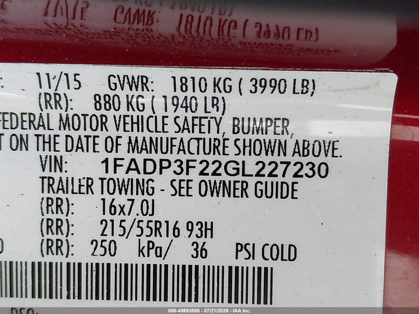 2016 Ford Focus Se VIN: 1FADP3F22GL227230 Lot: 45693586