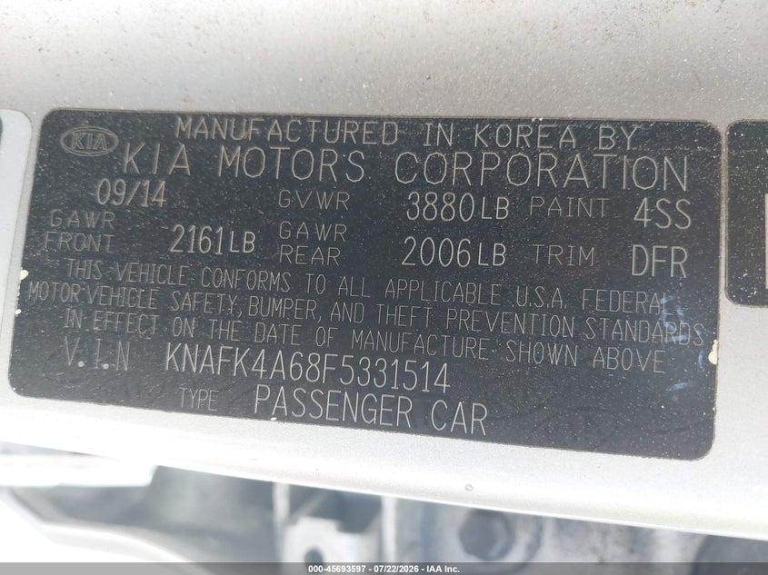 2015 Kia Forte Lx VIN: KNAFK4A68F5331514 Lot: 45693597