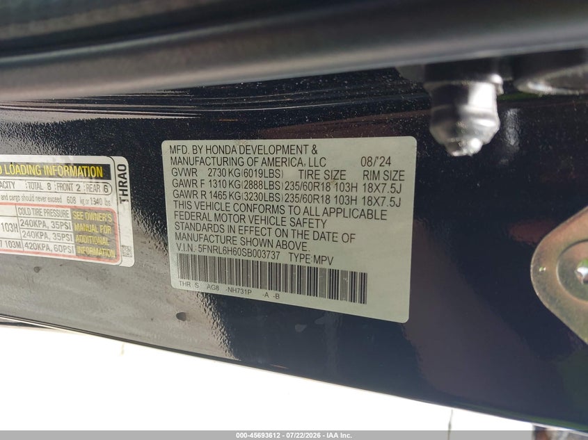 2025 Honda Odyssey Ex-L VIN: 5FNRL6H60SB003737 Lot: 45693612