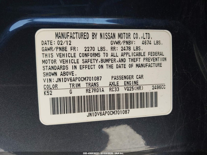 2012 Infiniti G25 Journey VIN: JN1DV6AP0CM701087 Lot: 45693622