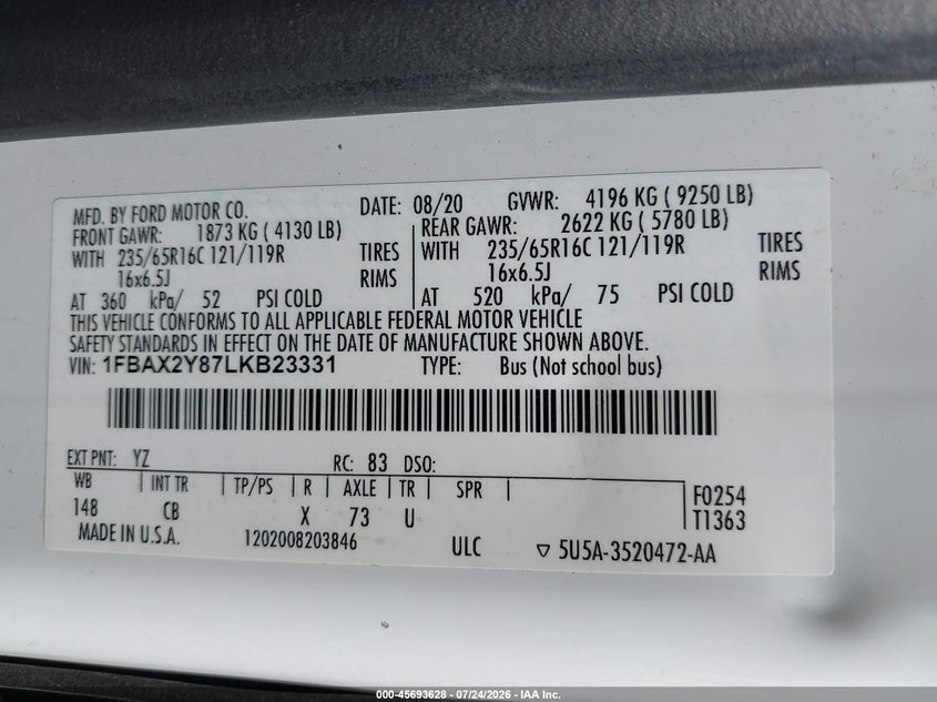 FORD TRANSIT-350 PASSENGER VAN 2020 VIN 1FBAX2Y87LKB23331