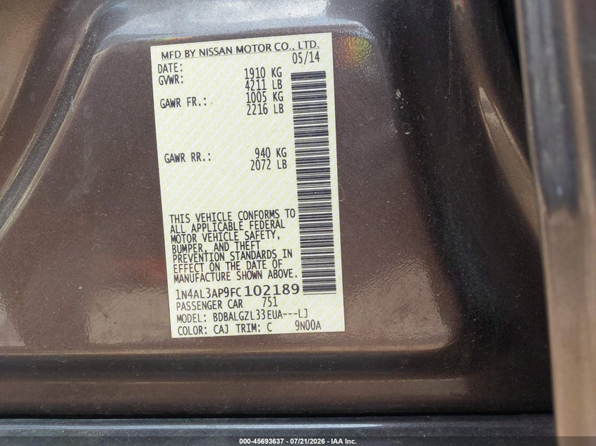 2015 Nissan Altima 2.5 S VIN: 1N4AL3AP9FC102189 Lot: 45693637