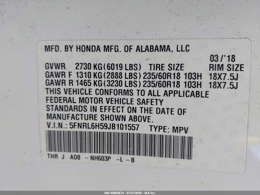 2018 Honda Odyssey Ex VIN: 5FNRL6H59JB101557 Lot: 45693674