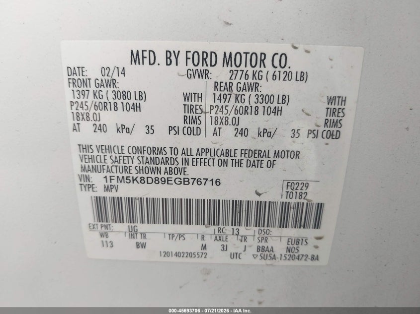 2014 Ford Explorer Xlt VIN: 1FM5K8D89EGB76716 Lot: 45693706
