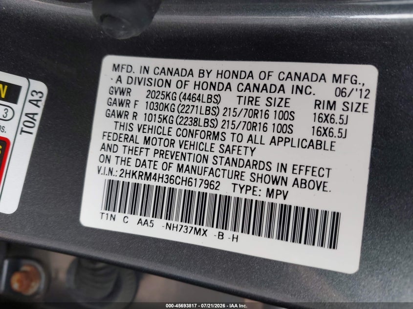 2012 Honda Cr-V Lx VIN: 2HKRM4H36CH617962 Lot: 45693817