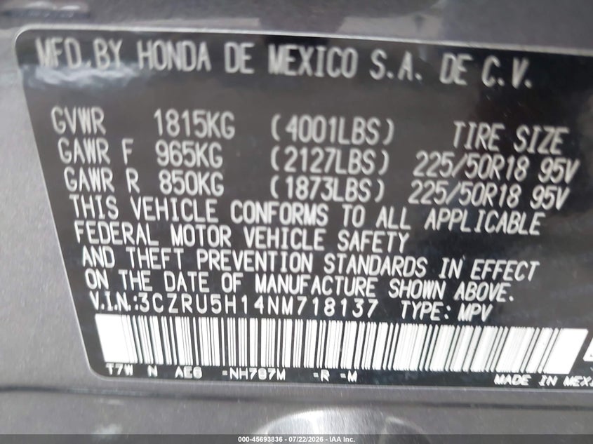 HONDA HR-V 2022 VIN 3CZRU5H14NM718137