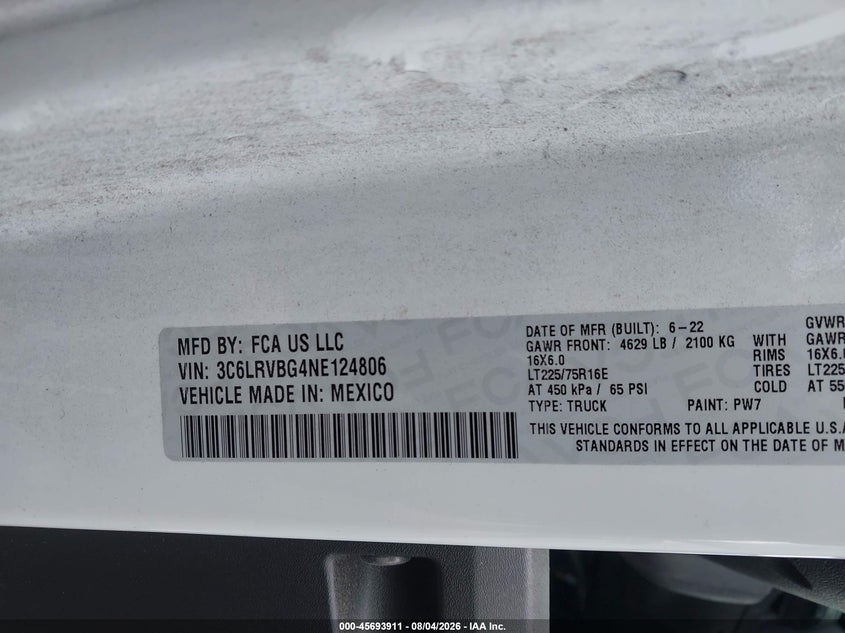 Vin: 3c6lrvbg4ne124806, lot: 46192539, ram promaster 1500 high roof 136 wb 20224