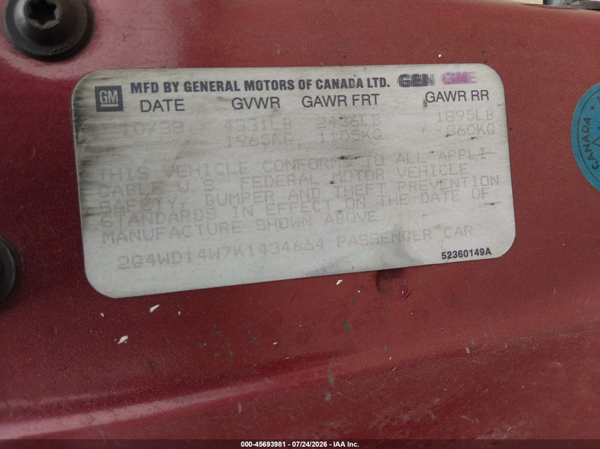 BUICK REGAL 1989 VIN 2G4WD14W7K1434664