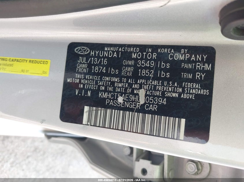2017 Hyundai Accent Se VIN: KMHCT5AE9HU305394 Lot: 45694013