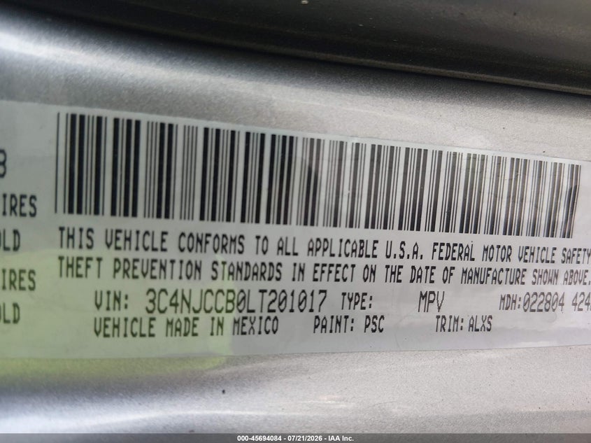 2020 Jeep Compass Limited Fwd VIN: 3C4NJCCB0LT201017 Lot: 45694084