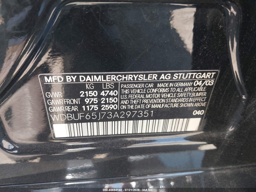 2003 Mercedes-Benz E 320 VIN: WDBUF65J73A297351 Lot: 45694148