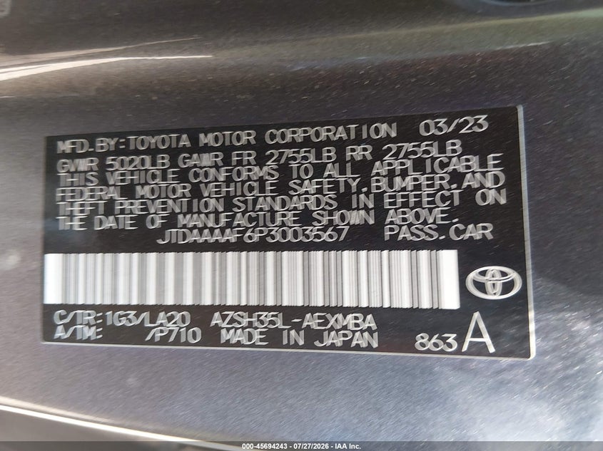 TOYOTA CROWN 2023 VIN JTDAAAAF6P3003567