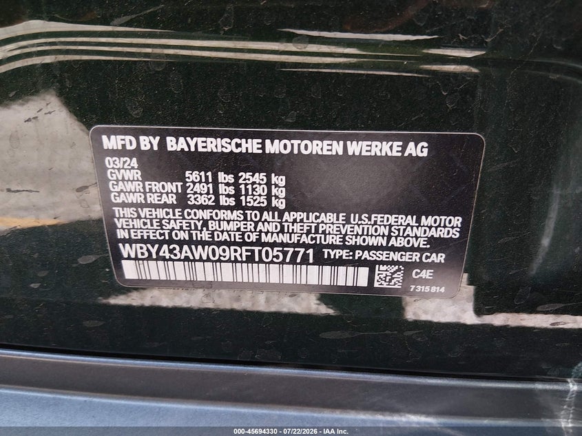 BMW I4 GRAN COUPE 2024 VIN WBY43AW09RFT05771