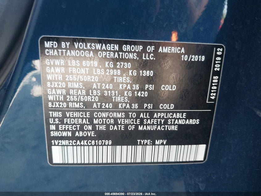 VOLKSWAGEN ATLAS 2019 VIN 1V2NR2CA4KC610799
