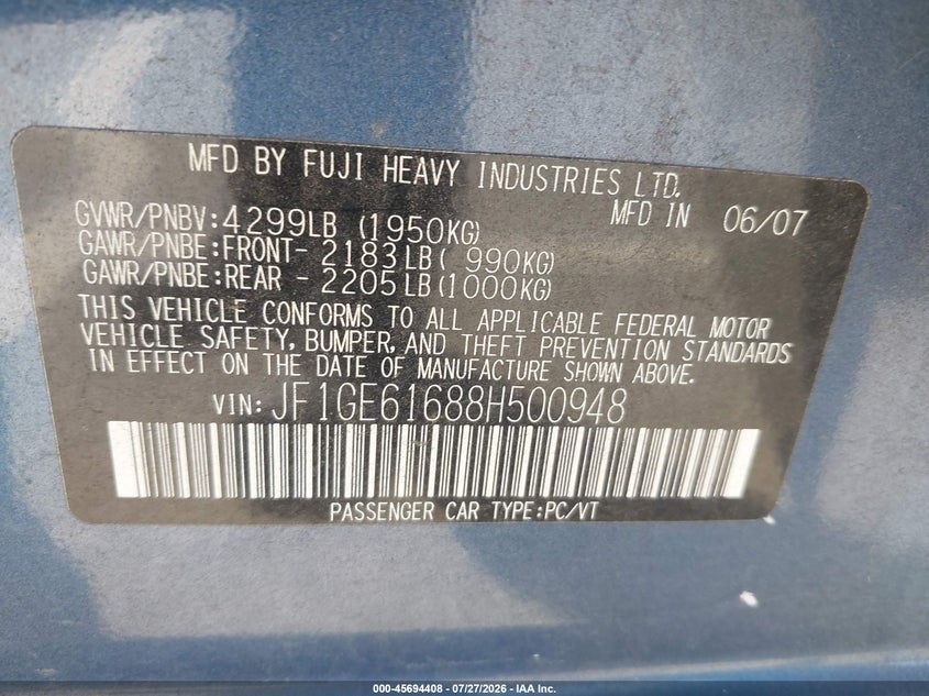 2008 SUBARU IMPREZA (NATL) I W/PREMIUM PKG SEDAN 2.5L H-4 VVT, 170HP