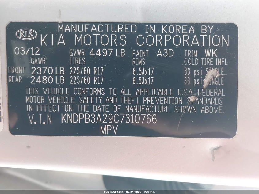 2012 Kia Sportage Lx VIN: KNDPB3A29C7310766 Lot: 45694444