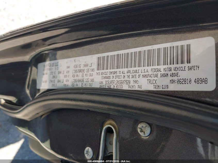 RAM 2500 2019 VIN 3C6UR5FL2KG607920
