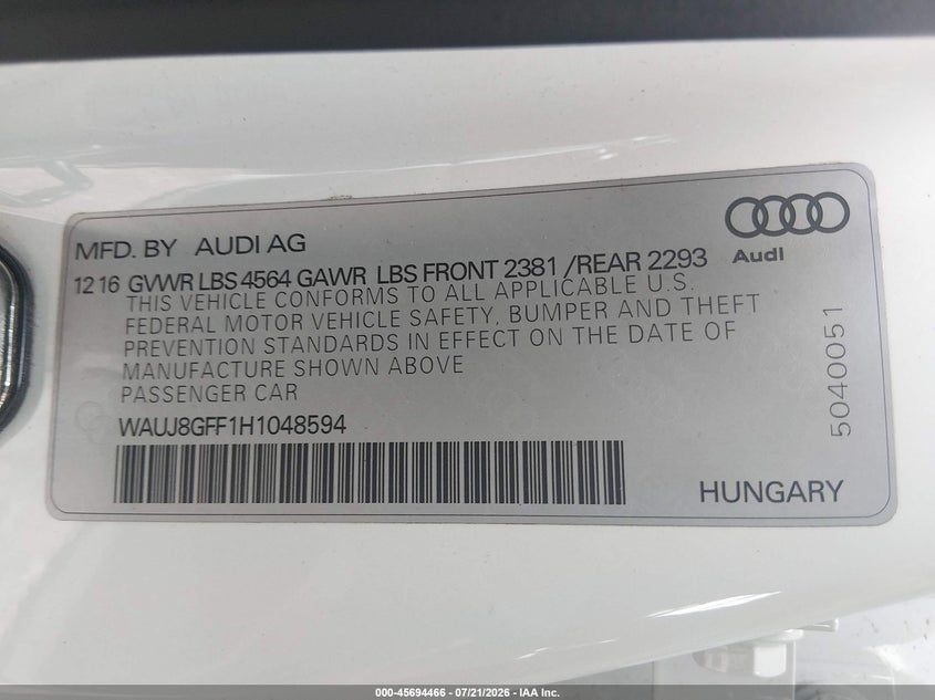 2017 Audi A3 Premium Plus VIN: WAUJ8GFF1H1048594 Lot: 45694466