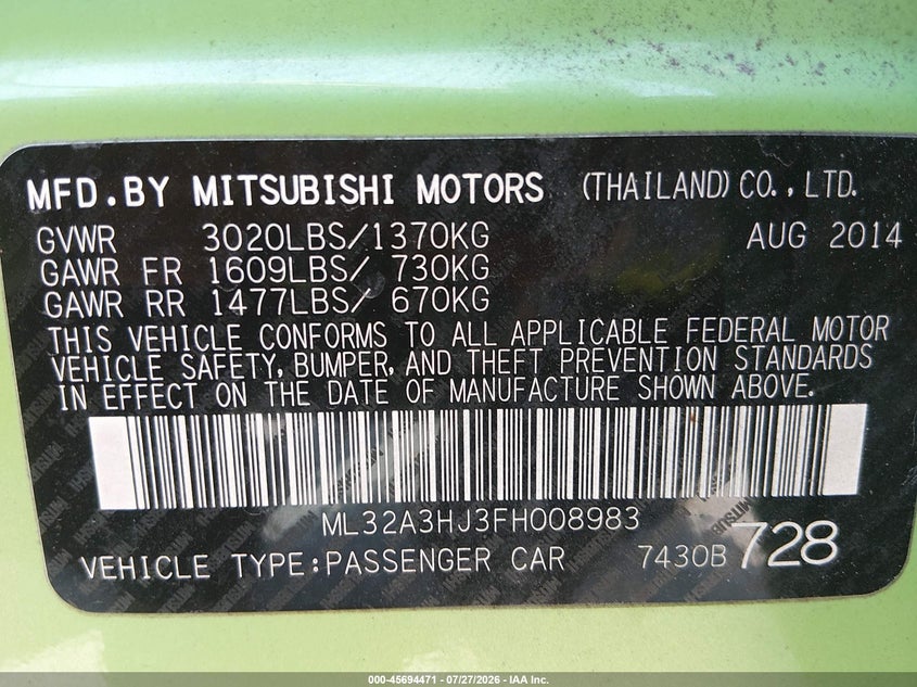 2015 MITSUBISHI MIRAGE HATCHBACK 1.2L I-3 DOHC, VVT, 74HP