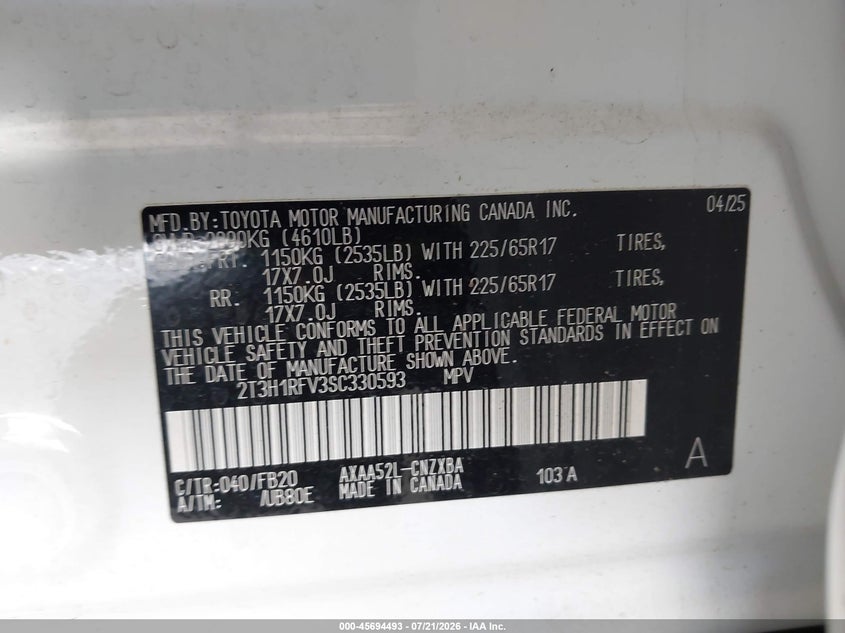 2025 Toyota Rav4 Le VIN: 2T3H1RFV3SC330593 Lot: 45694493