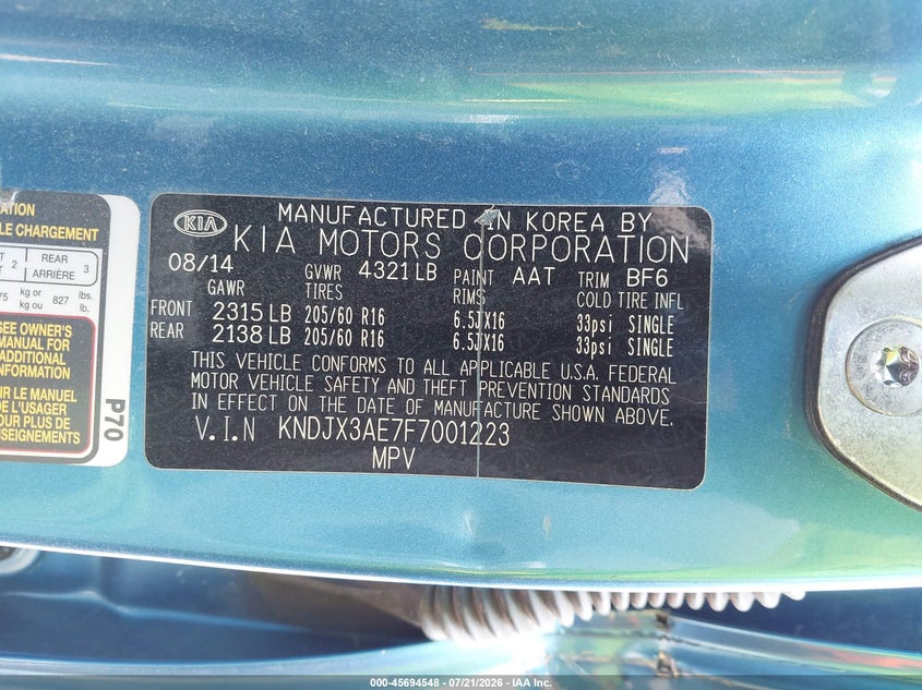 2015 Kia Soul Ev + VIN: KNDJX3AE7F7001223 Lot: 45694548