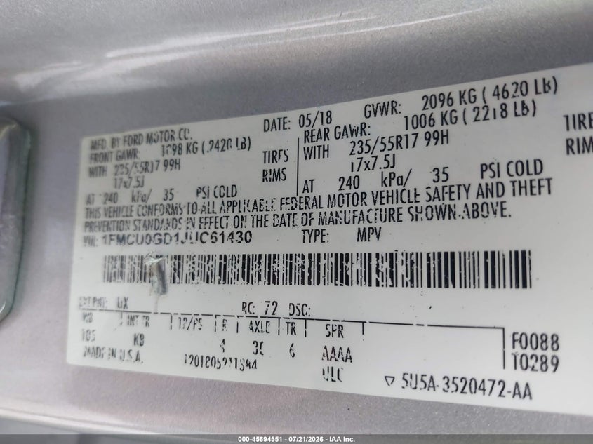 2018 Ford Escape Se VIN: 1FMCU0GD1JUC61430 Lot: 45694551