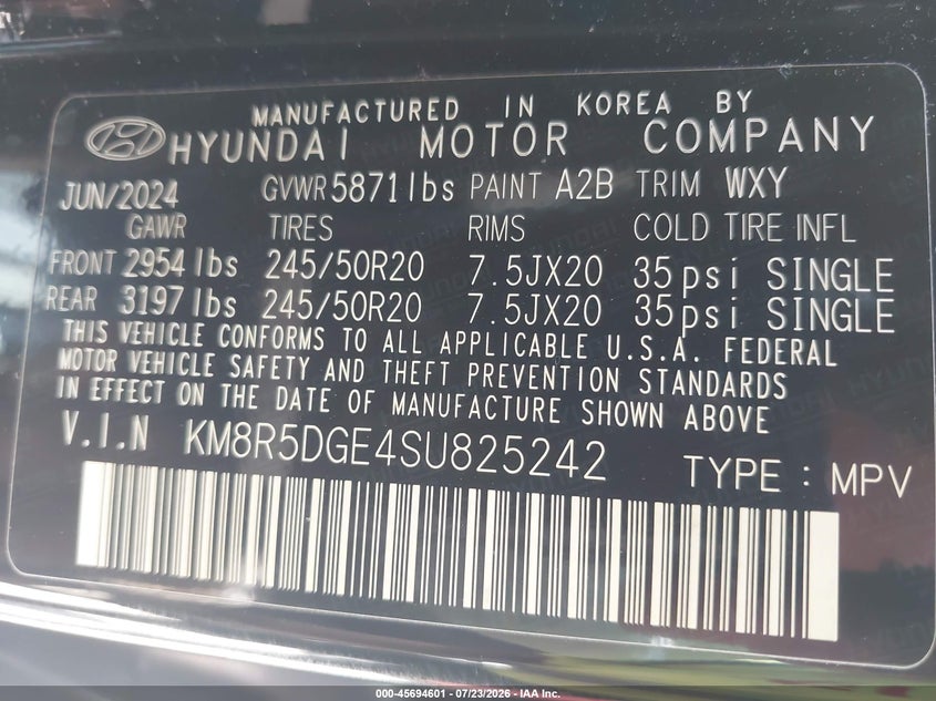 HYUNDAI PALISADE 2025 VIN KM8R5DGE4SU825242
