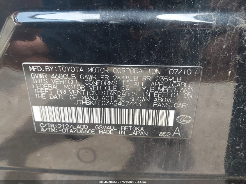 2010 Lexus Es 350 VIN: JTHBK1EG3A2407443 Lot: 45694659