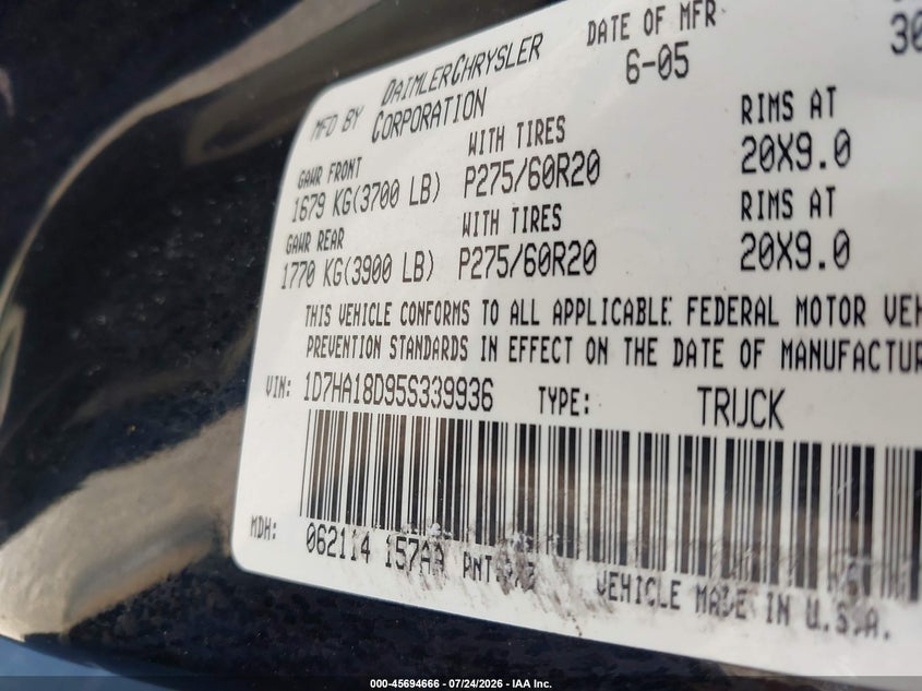 DODGE RAM 1500 2005 VIN 1D7HA18D95S339936