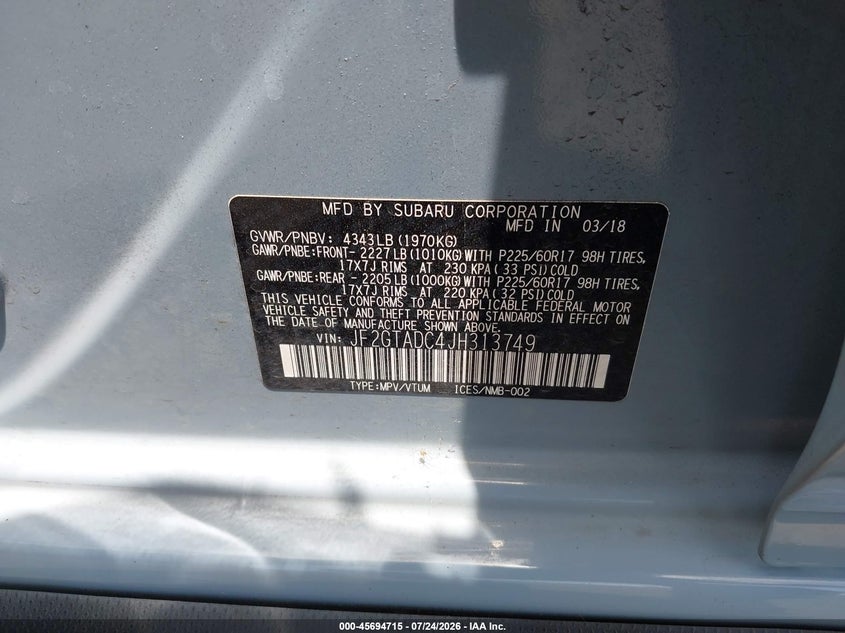 2018 SUBARU XV SPORT UTILITY VEHICLE 2.0L H-4 DI, DOHC, VVT, 152HP