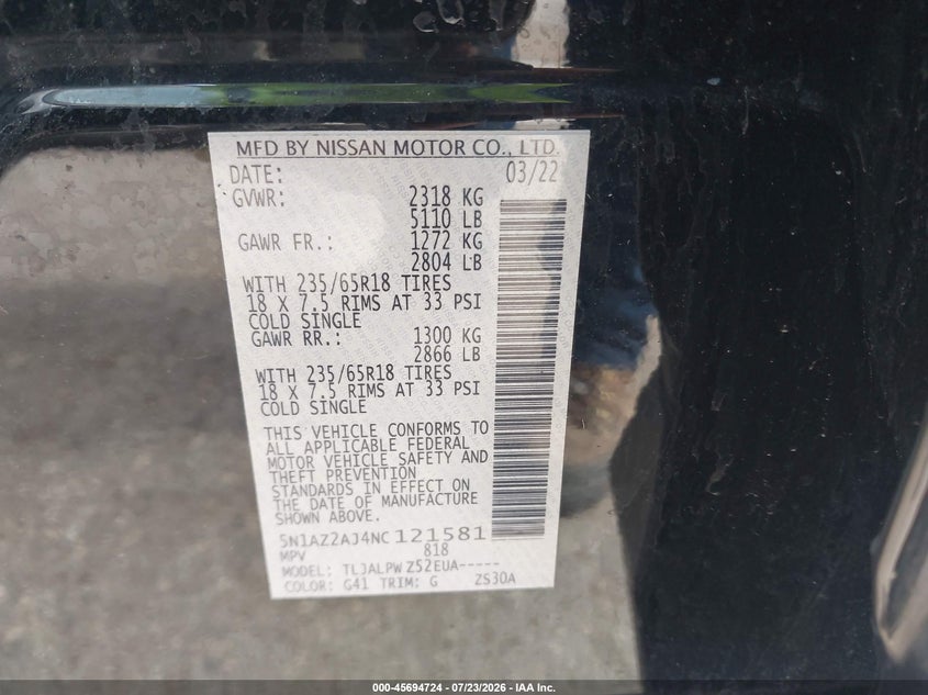NISSAN MURANO 2022 VIN 5N1AZ2AJ4NC121581