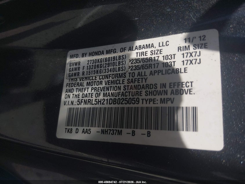 2013 Honda Odyssey Lx VIN: 5FNRL5H21DB025059 Lot: 45694742