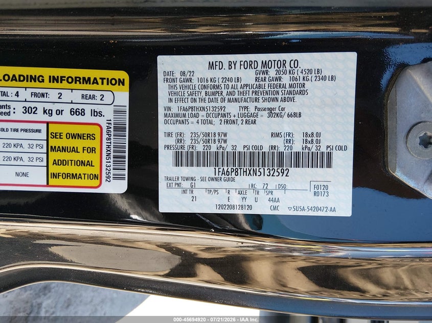 2022 Ford Mustang Ecoboost Fastback VIN: 1FA6P8THXN5132592 Lot: 45694920