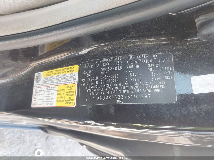 2007 Kia Sedona Lx VIN: KNDMB233376190297 Lot: 45694923