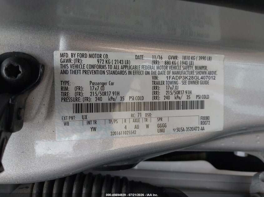 2016 Ford Focus Se VIN: 1FADP3K28GL407012 Lot: 45694929