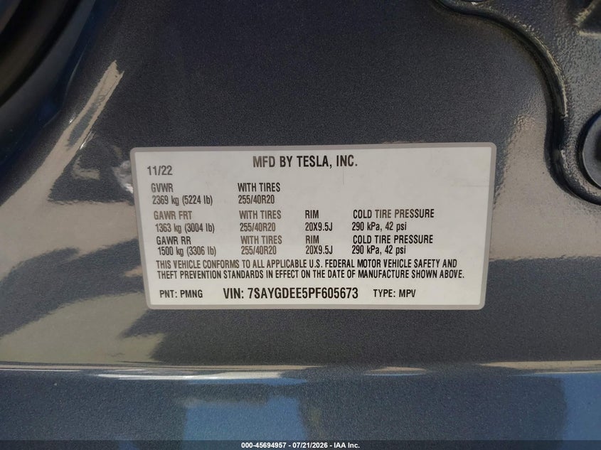 2023 Tesla Model Y Awd/Long Range Dual Motor All-Wheel Drive VIN: 7SAYGDEE5PF605673 Lot: 45694957